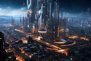 futurista cyberpunk cidade a partir de acima generativo ai foto