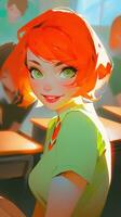 fogosa cabelo laranja animê menina dentro uma lotado Sala de aula ai gerado foto