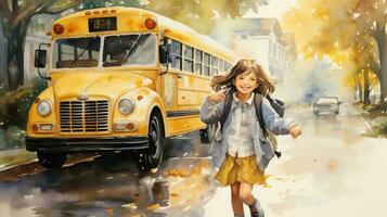 aguarela cena do uma jardim de infância embarque uma escola ônibus para a primeiro Tempo ai gerado foto