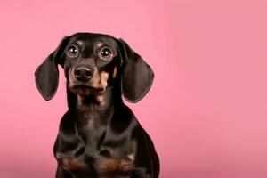 adorável Preto dachshund sentado em Rosa estúdio fundo foto