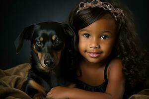 feliz dachshund cachorro com uma pequeno menina dentro uma casa ai gerado foto