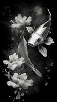 Preto e branco koi peixe natação dentro Sombrio águas generativo ai foto