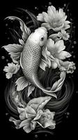 Preto e branco koi peixe natação dentro Sombrio águas generativo ai foto
