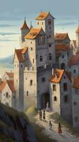 medieval castelo com aldeões caminhando através a ruas Visão a partir de acima crianças livro digital pintura ai gerado foto