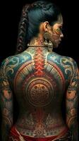 vibrante tradicional indiano tatuagem Projeto com realista detalhes em uma mulher costas foto