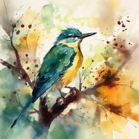 uma sereno aguarela pintura do uma pássaro empoleirado em uma árvore ramo generativo ai foto