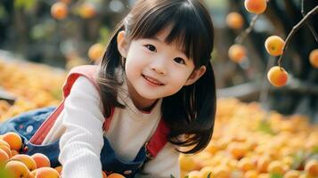 adorável japonês menina escalada uma pacífico outono árvore ai gerado foto