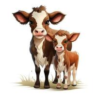 adorável desenho animado mãe e bebê vaca clipart em branco fundo ai gerado foto