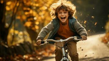 alegre criança equitação uma bicicleta dentro cinematográfico fotografia ai gerado foto