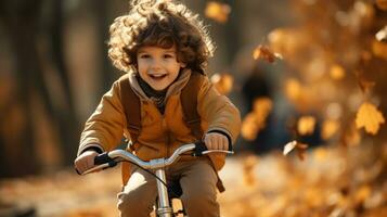 alegre criança equitação uma bicicleta dentro cinematográfico fotografia ai gerado foto