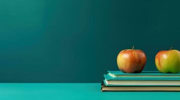 Educação conceito maçã em uma pilha do livros da escola ai gerado foto