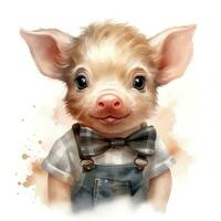 adorável bebê porco vestindo uma colete aguarela clipart em branco fundo ai gerado foto