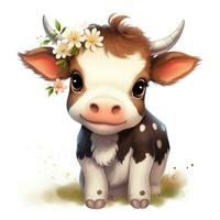 adorável bebê vaca com flor coroa clipart em branco fundo ai gerado foto