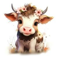 adorável bebê vaca com flor coroa clipart em branco fundo ai gerado foto