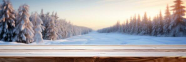 inverno panorama em borrado madeira mesa topo ai gerado foto
