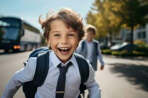 feliz pequeno escola Garoto com branco e azul escola ai gerado foto