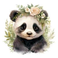 adorável aguarela bebê panda com uma flor coroa clipart em branco fundo ai gerado foto