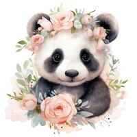 adorável aguarela bebê panda com uma flor coroa clipart em branco fundo ai gerado foto