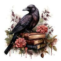 místico aguarela gótico Raven com livros e flores ai gerado foto