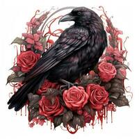 misterioso aguarela gótico Raven com rosas em branco fundo ai gerado foto