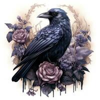místico aguarela gótico Raven com rosas em branco fundo ai gerado foto