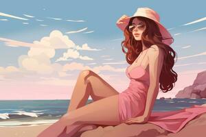 jovem menina relaxante às a de praia dentro plano cores ai gerado foto