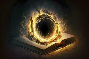 a fogo do conhecimento uma livro cercado de uma anel do iluminação ai gerado foto