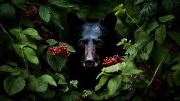 americano Preto Urso forrageamento para bagas dentro uma exuberante floresta ai gerado foto