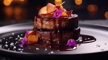 delicioso gourmet foie gras prato com rico vermelho vinho redução ai gerado foto