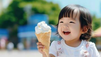 adorável japonês menina desfrutando suave servir gelo creme ai gerado foto