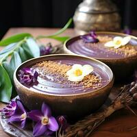 delicioso Açaí tigela com condensado leite ai gerado foto