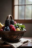 estúdio tiro do a cesta com bagas e frutas em a mesa foto