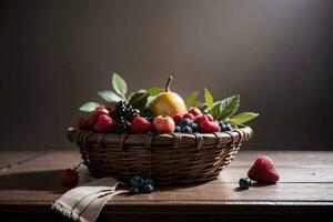 estúdio tiro do a cesta com bagas e frutas em a mesa foto