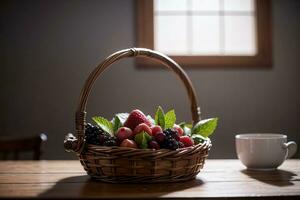 estúdio tiro do a cesta com bagas e frutas em a mesa foto