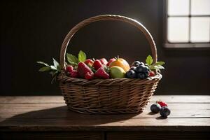 estúdio tiro do a cesta com bagas e frutas em a mesa foto