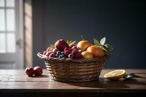 estúdio tiro do a cesta com bagas e frutas em a mesa foto