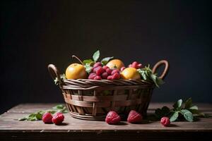 estúdio tiro do a cesta com bagas e frutas em a mesa foto