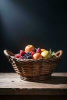 estúdio tiro do a cesta com bagas e frutas em a mesa foto