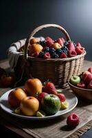 estúdio tiro do a cesta com bagas e frutas em a mesa foto