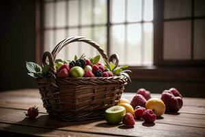 estúdio tiro do a cesta com bagas e frutas em a mesa foto