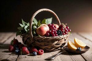 estúdio tiro do a cesta com bagas e frutas em a mesa foto