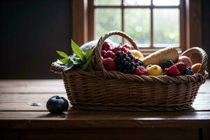 estúdio tiro do a cesta com bagas e frutas em a mesa foto