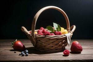 estúdio tiro do a cesta com bagas e frutas em a mesa foto