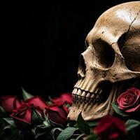 a crânio e rosas em a Preto fundo foto