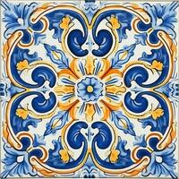 retro vintage ornamentado enfeite telha envidraçado Português mosaico padronizar floral azul quadrado arte foto