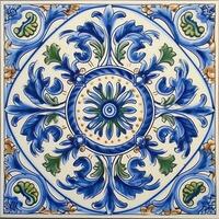 retro vintage ornamentado enfeite telha envidraçado Português mosaico padronizar floral azul quadrado arte foto