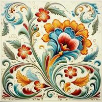 retro vintage ornamentado enfeite telha envidraçado Português mosaico padronizar floral azul quadrado arte foto