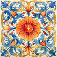 retro vintage ornamentado enfeite telha envidraçado Português mosaico padronizar floral azul quadrado arte foto