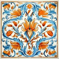 retro vintage ornamentado enfeite telha envidraçado Português mosaico padronizar floral azul quadrado arte foto