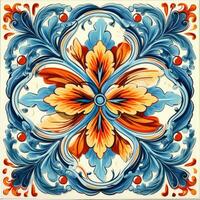 retro vintage ornamentado enfeite telha envidraçado Português mosaico padronizar floral azul quadrado arte foto